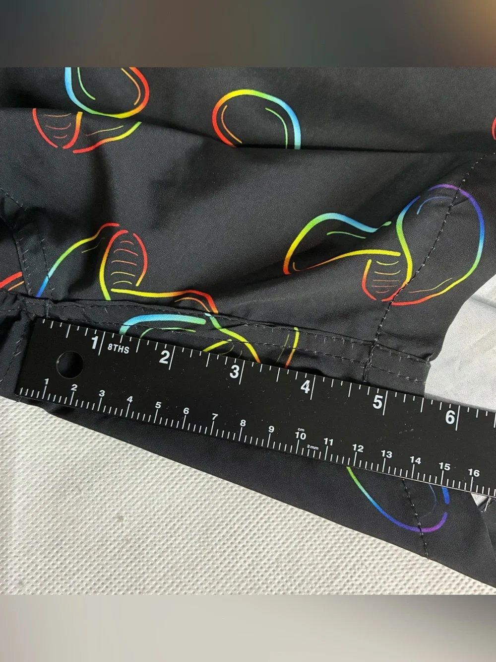 ENNEA Swim Trunks Men’s XL  Black Multicolor Mushroom Mesh Lining 3 Pockets Flaw